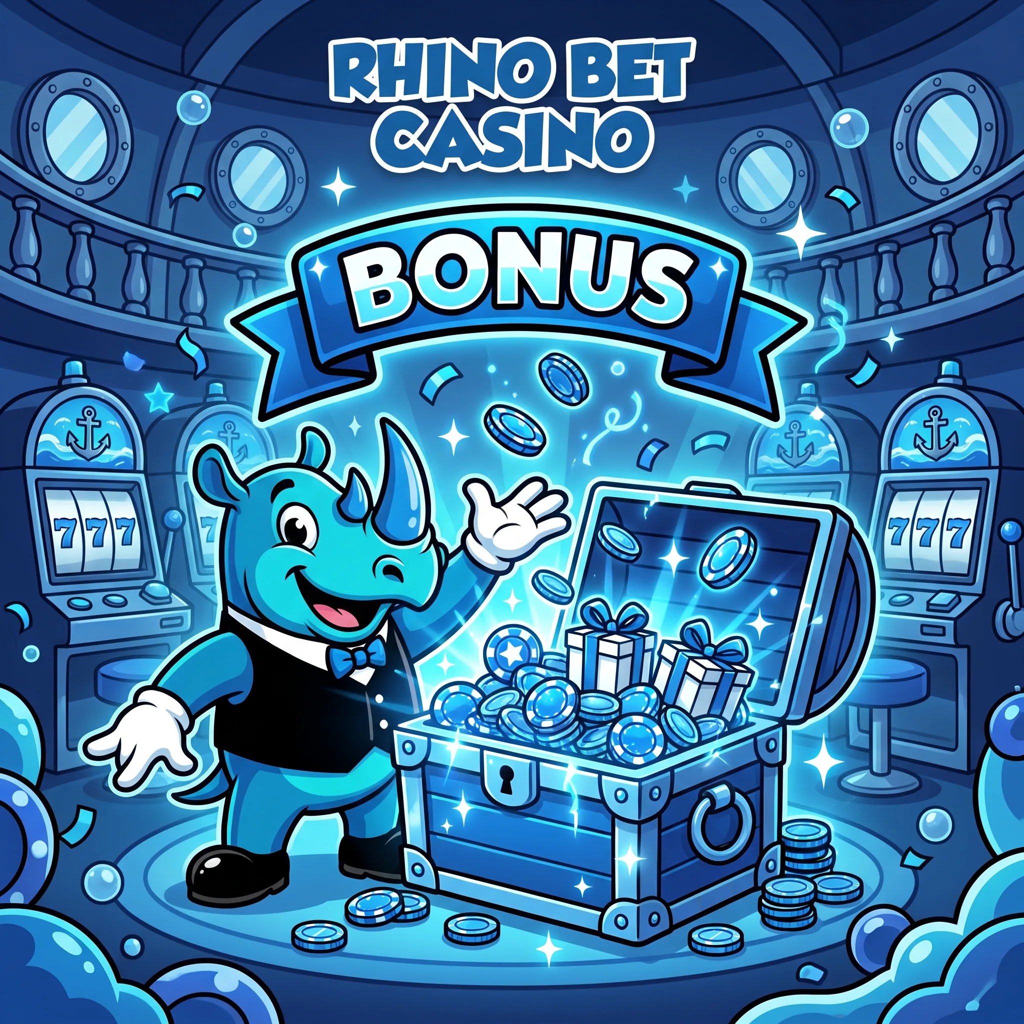 Rhino Bet mascot presenting a bonus treasure chest