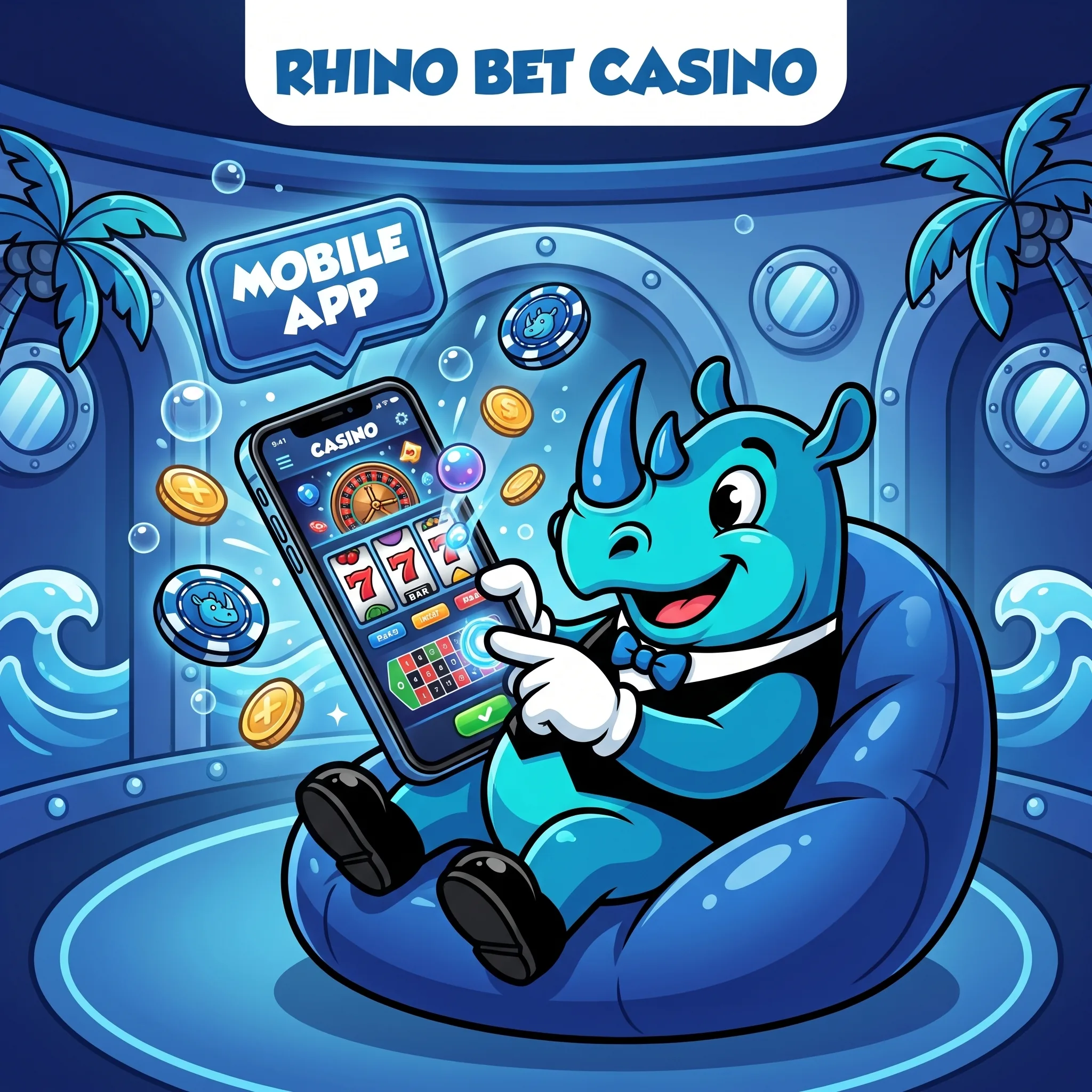 Rhino Bet mascot showing the mobile casino app